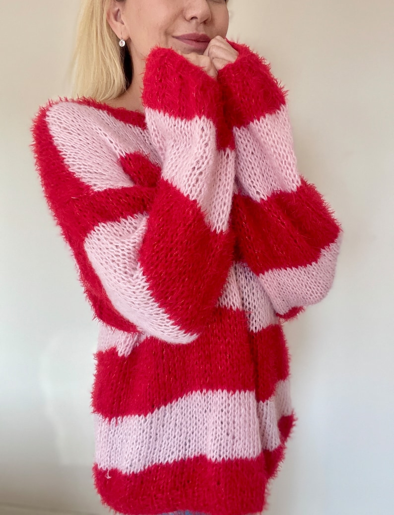 Pink Red Striped Sweater, Mohair Sweater, Pink and Red Sweater, Pink and Red Striped Ladies Jumper, Fluffy Mohair Pullover, Handknit Sweater image 4