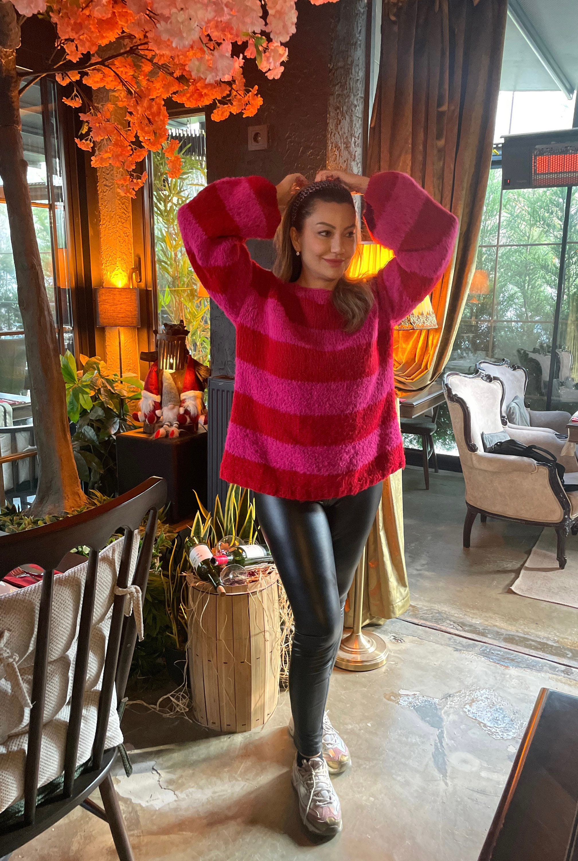 STRIPED KNIT SWEATER DRESS - PINK/RED main image 1