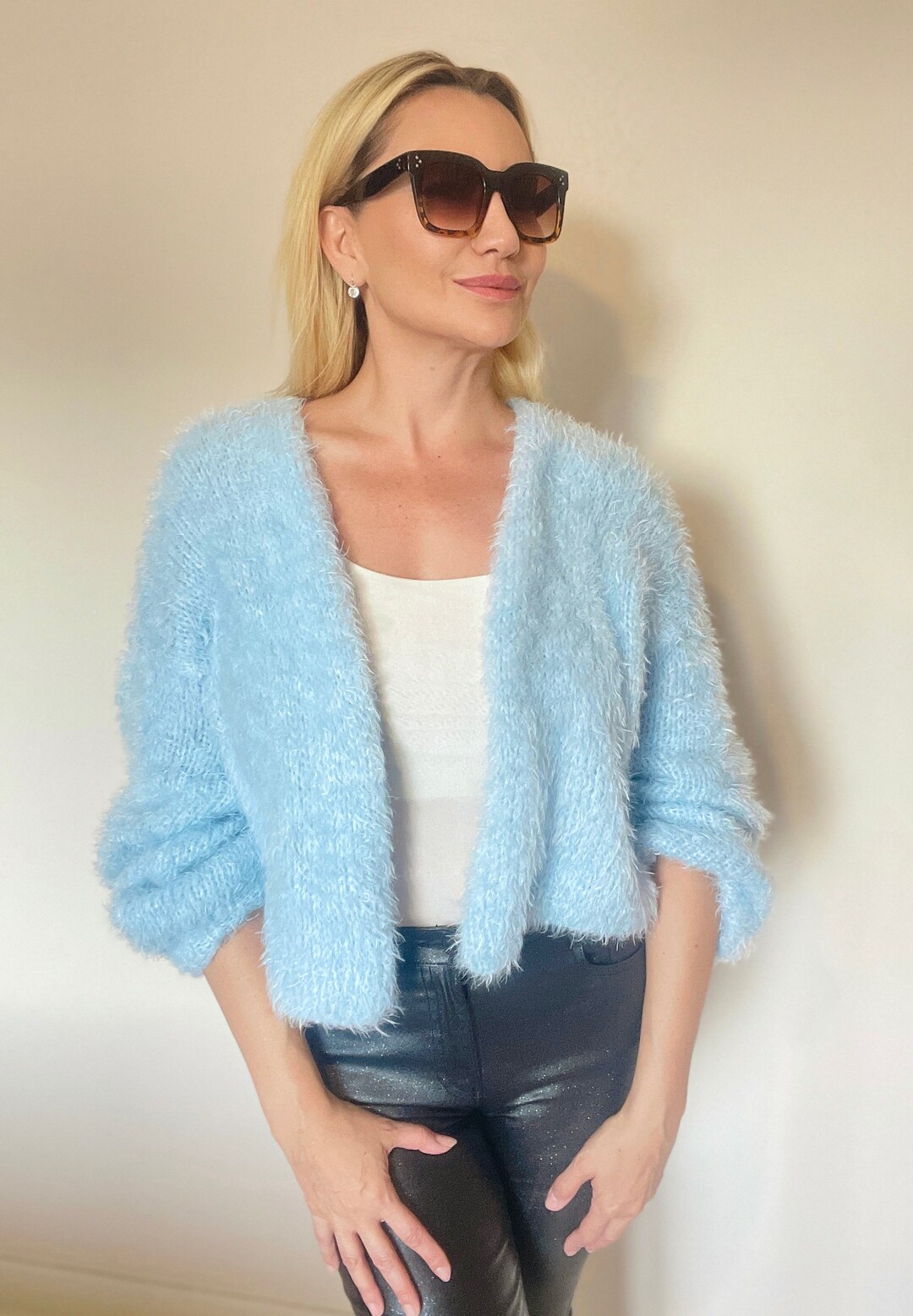 Light Blue Mohair Cardigan Hand Knit Fluffy Mohair Bomber Etsy