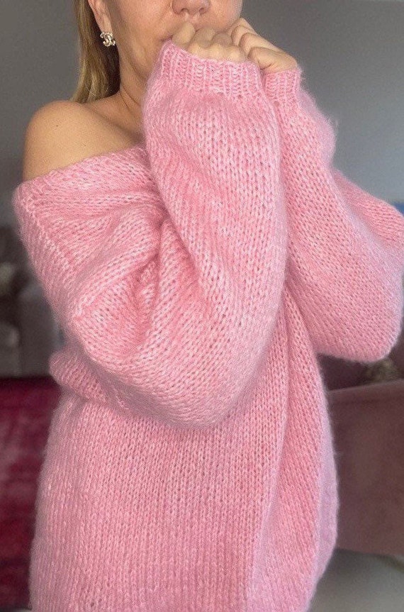 ClaraandFelix Pastel Pink Off Shoulder Mohair Sweater Women, Baby Pink Knit Jumper, Fluffy Sweater Handknit Off Shoulder Pullover, Handknit Christmas Gift