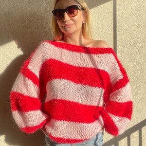 Pink Red Striped Sweater, Mohair Sweater, Pink and Red Sweater, Pink and Red Striped Ladies Jumper, Fluffy Mohair Pullover, Handknit Sweater image 10