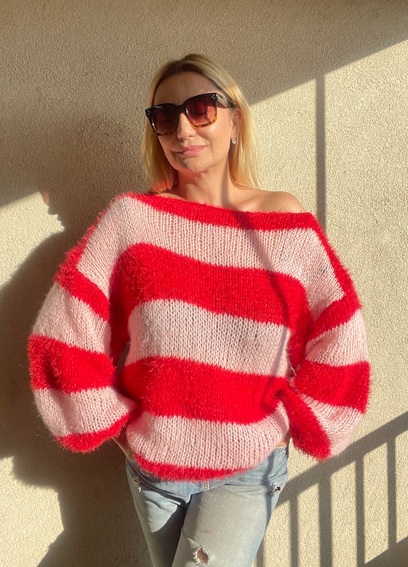 Pink Red Striped Sweater, Mohair Sweater, Pink and Red Sweater, Pink and Red Striped Ladies Jumper, Fluffy Mohair Pullover, Handknit Sweater image 10