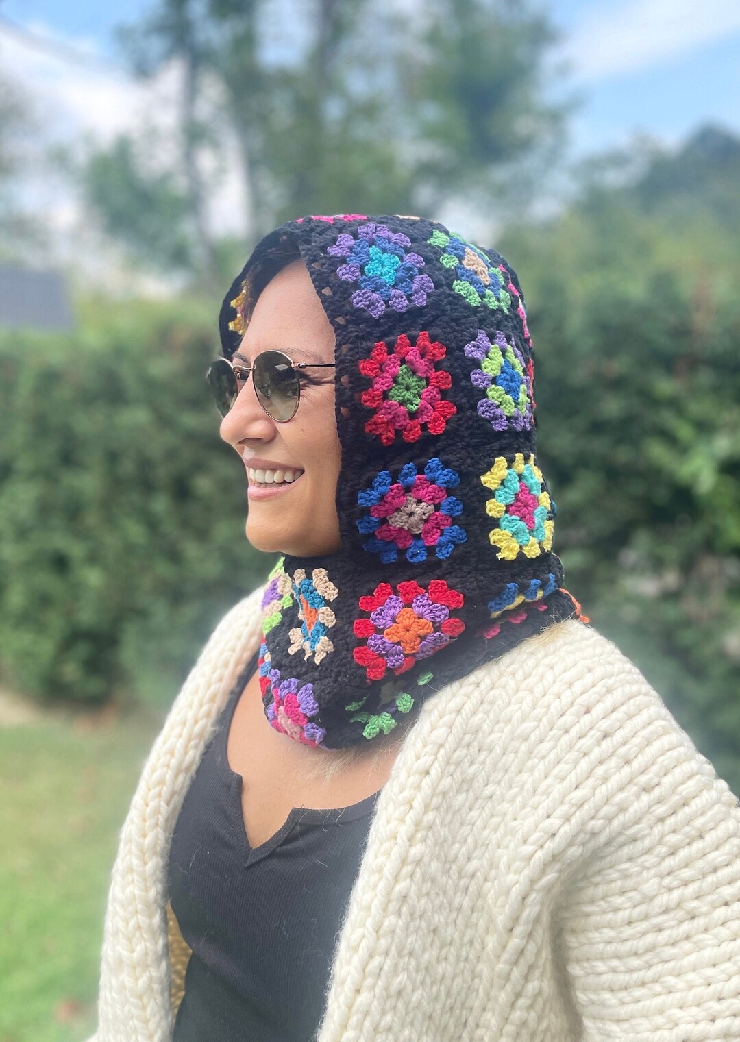 Balaclava Beanie Crochet Black Granny Square Hat Crochet Etsy