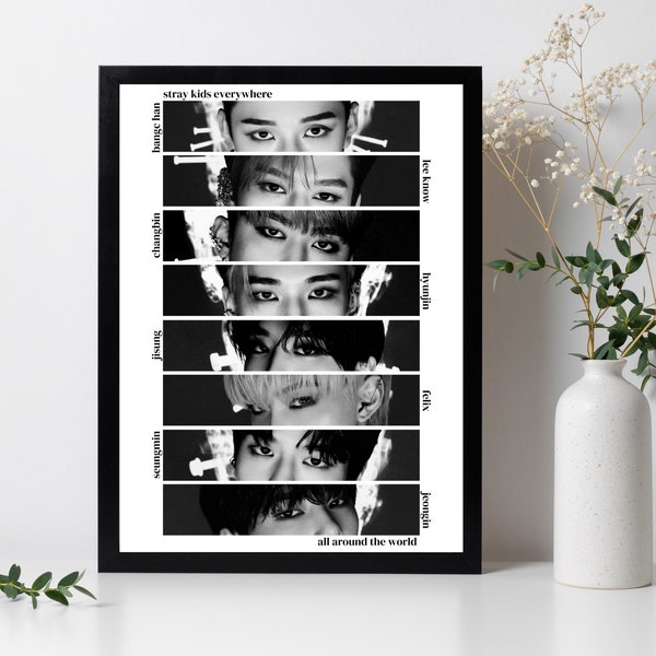 stray kids ot8 eyes black and white wall art [digital download / printable]  | a3 a4 a5 b&w print poster kpop skz aesthetic fanart