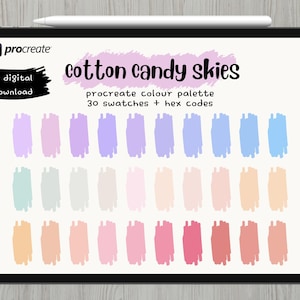Op de afbeelding: Een digitale Procreate-kleurenpalet genaamd "Cotton Candy Skies" met 30 kleurstalen en hex-codes. Het palet bevat een reeks pastelkleuren, waaronder roze, blauw, paars en perzik, weergegeven op een tabletscherm.