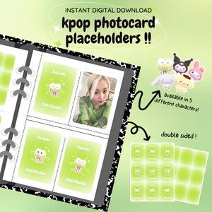 Relleno de carpetas para tarjetas fotográficas kpop: ¡paquete verde de personajes kawaii! [descarga digital / imprimible] / inserto de marcador de posición del cargador superior de la colección de PC