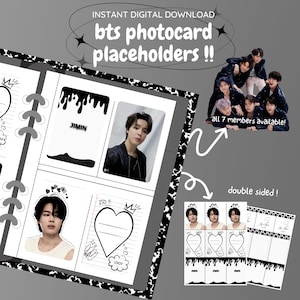 Pode incluir: Um download digital com espaços reservados para cartões de fotos BTS. O design inclui imagens dos membros do BTS, juntamente com o texto "JIMIN" e "ISO!!". Os espaços reservados são de dupla face e projetados para cartões de fotos.