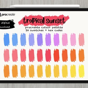 May include: A digital Procreate colour palette titled "Tropical Sunset" displayed on a tablet. The palette features 30 swatches in shades of blue, purple, pink, red, orange, and yellow. Includes hex codes for each colour.