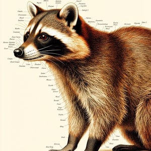 Puede incluir: Una lámina de guía científica titulada ANATOMY OF A RACTOON que presenta una ilustración detallada de un mapache de perfil. La imagen incluye numerosas líneas finas que señalan varias partes del cuerpo con etiquetas de texto ilegibles.