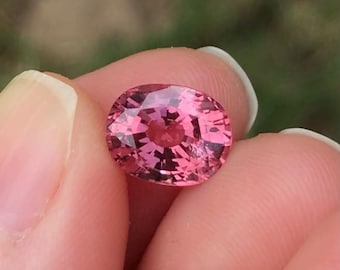 May include: A pink oval-shaped gemstone with a faceted cut. The gemstone is held in a hand.