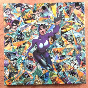 May include: A purple and black superheroine with a cat mask leaps through a collage of comic book panels. The background is a mix of bright colors and bold text, including "Catwoman" and "Whooo!"