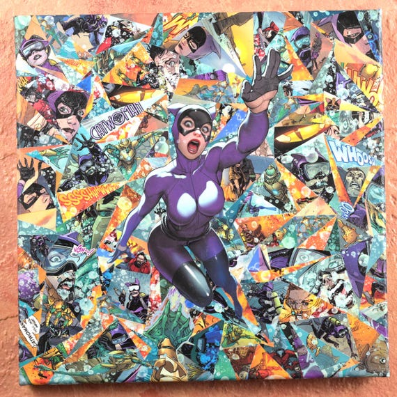 Catwoman comic collage made with a modern comic and is on  12in.x12in canvas