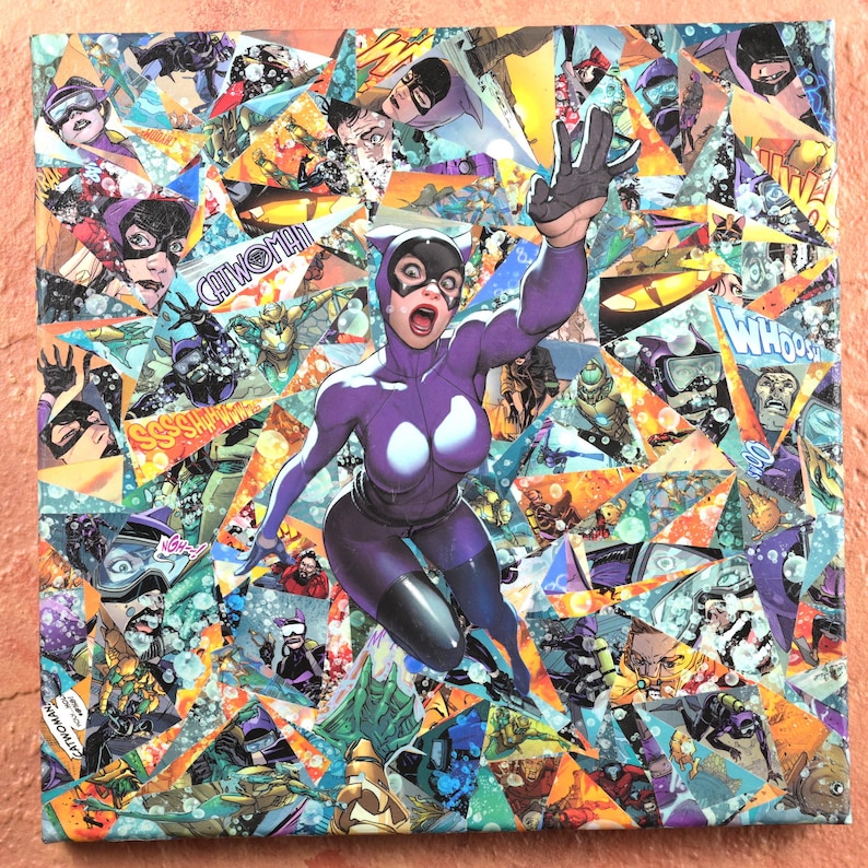 May include: A purple and black superheroine with a cat mask leaps through a collage of comic book panels. The background is a mix of bright colors and bold text, including "Catwoman" and "Whooo!"