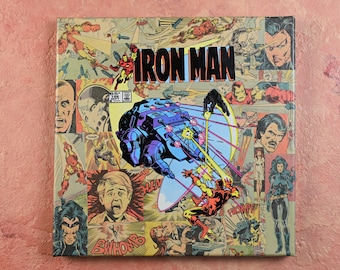 Iron Man comic vintage wall art, decoupage comic collage art
