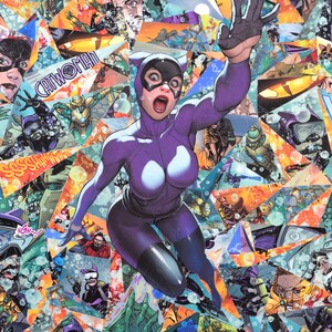 May include: A purple and blue superheroine with a cat mask and a cape, leaping through a collage of comic book panels. The panels feature other superheroes, villains, and text bubbles.