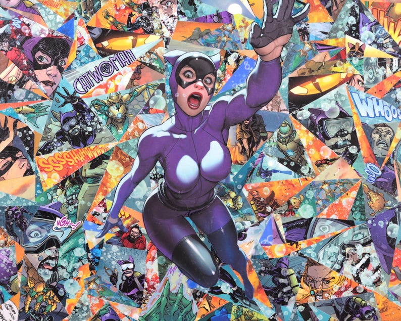May include: A purple and blue superheroine with a cat mask and a cape, leaping through a collage of comic book panels. The panels feature other superheroes, villains, and text bubbles.