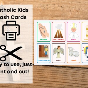 May include: A set of printable Catholic Kids Flash Cards featuring illustrations of prayer, Holy Spirit, Pope, candles, confession, angel, lamb, and God. The cards are easy to use, just print and cut.
