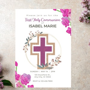 Girls First Holy Communion Invitation & Thank You Letter, Pink/Purple/Tan First Communion Invite, Eucharist Invite, Editable/Printable
