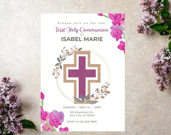 Girls First Holy Communion Invitation & Thank You Letter, Pink/Purple/Tan First Communion Invite, Eucharist Invite, Editable/Printable