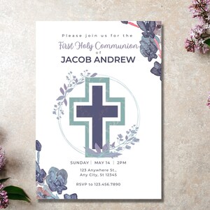 Boys First Holy Communion Invitation & Thank You Letter, Blue/Purple/Green First Communion Invite, Eucharist Invite, Editable/Printable