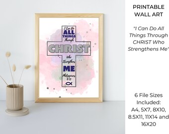 Druckbare Aquarell Kreuz, Bibel Zitat Wandkunst, Philipper 4:13, Instant Download, Christian Decor