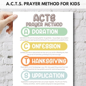 May include: A colorful chart with the acronym ACTS, which stands for Adoration, Confession, Thanksgiving, and Supplication. Each letter is in a circle with a different color and a description of each step in the prayer method.