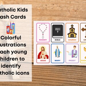May include: Colourful flash cards with illustrations of Catholic icons, including a rosary, bible, church, cross, Jesus, Mary, priest, and Eucharist. The cards are on a wooden background.