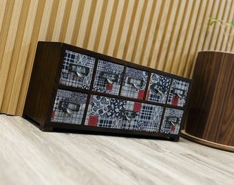 Retro Plaid Floral 8-Drawer Desktop Organizer: Apothecary Style Cabinet