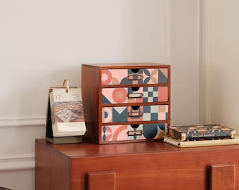 Mid-Century Modern Geometric Wooden Desk Organizer - MCM 4 Drawers Desktop Embroidery Thread Storage