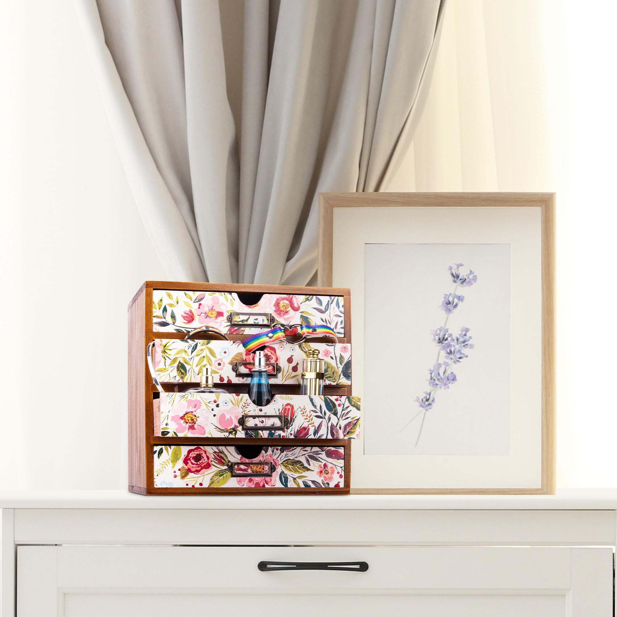 4-Drawer Vintage Desk Wood Storage Box With Drawers in Floral Chintz Pattern Design