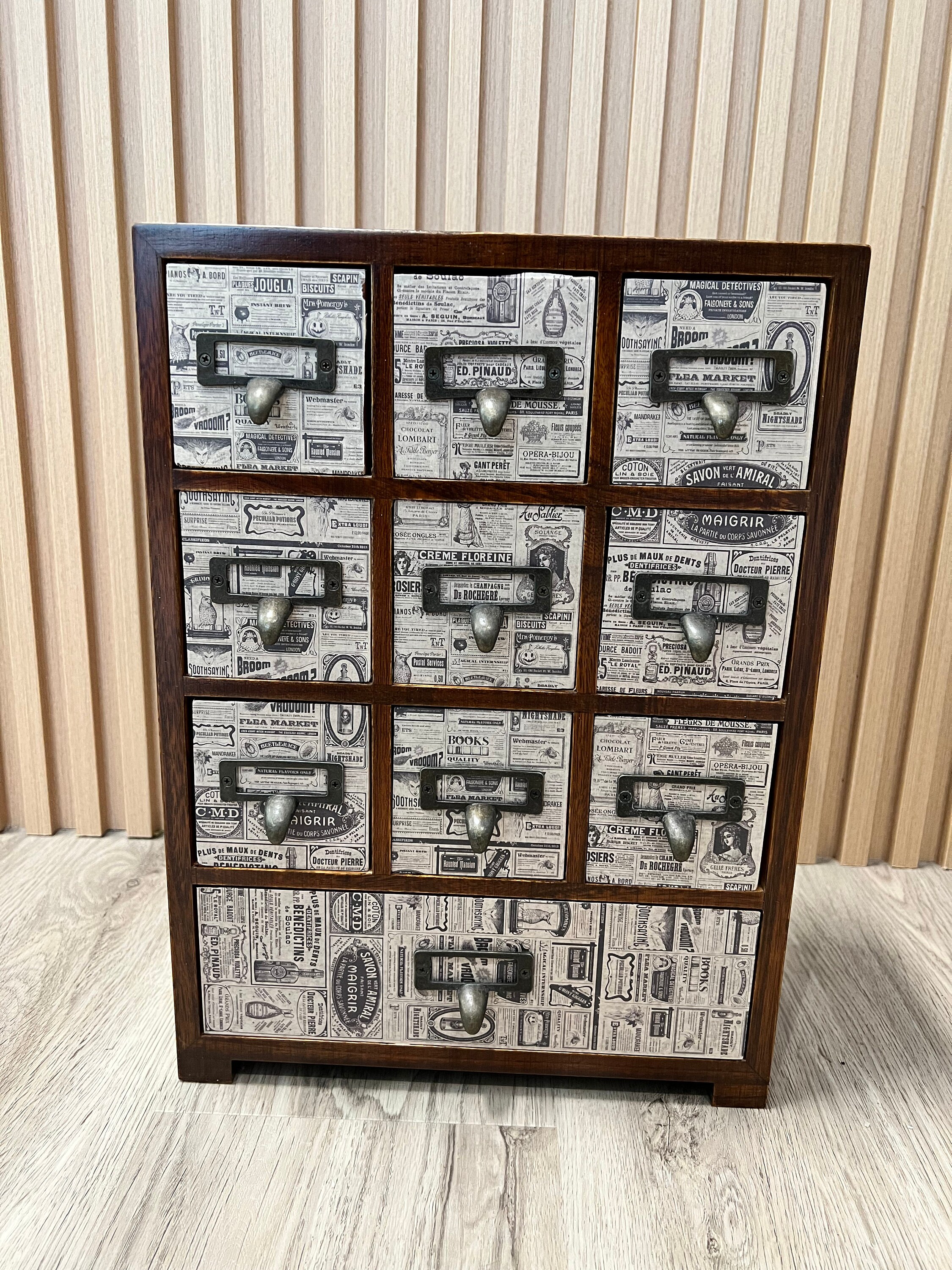Custom Made Vintage News 10 Drawer Card Catalog Style Desktop Organizer