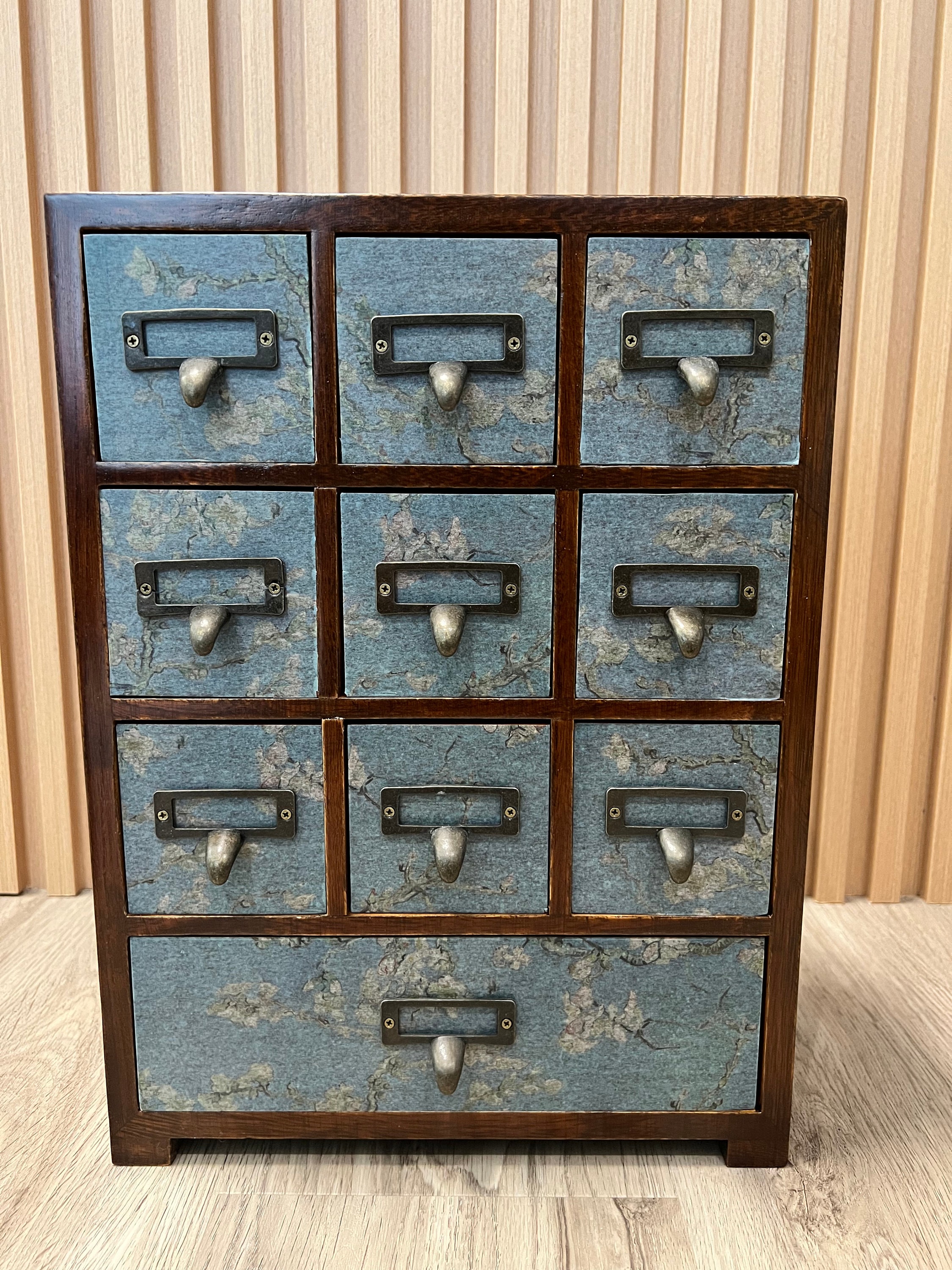 Custom Made Vintage Blue Floral 10 Drawer Card Catalog Style Desktop