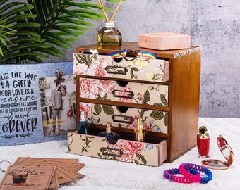 4-Drawer Vintage Desk Organizer with Jacobean Pattern Pastel Flowers