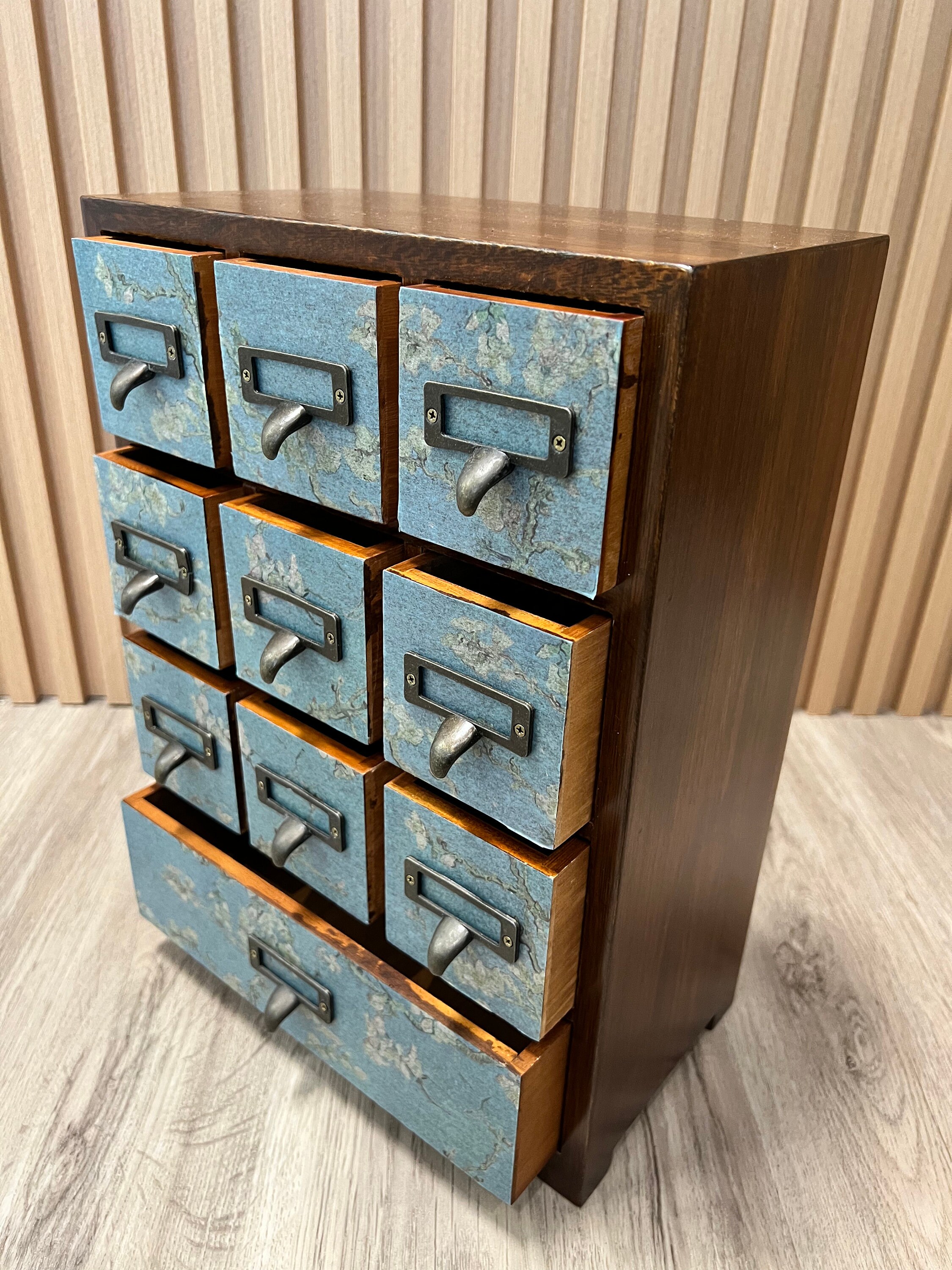 Custom Made Vintage Blue Floral 10 Drawer Card Catalog Style Desktop