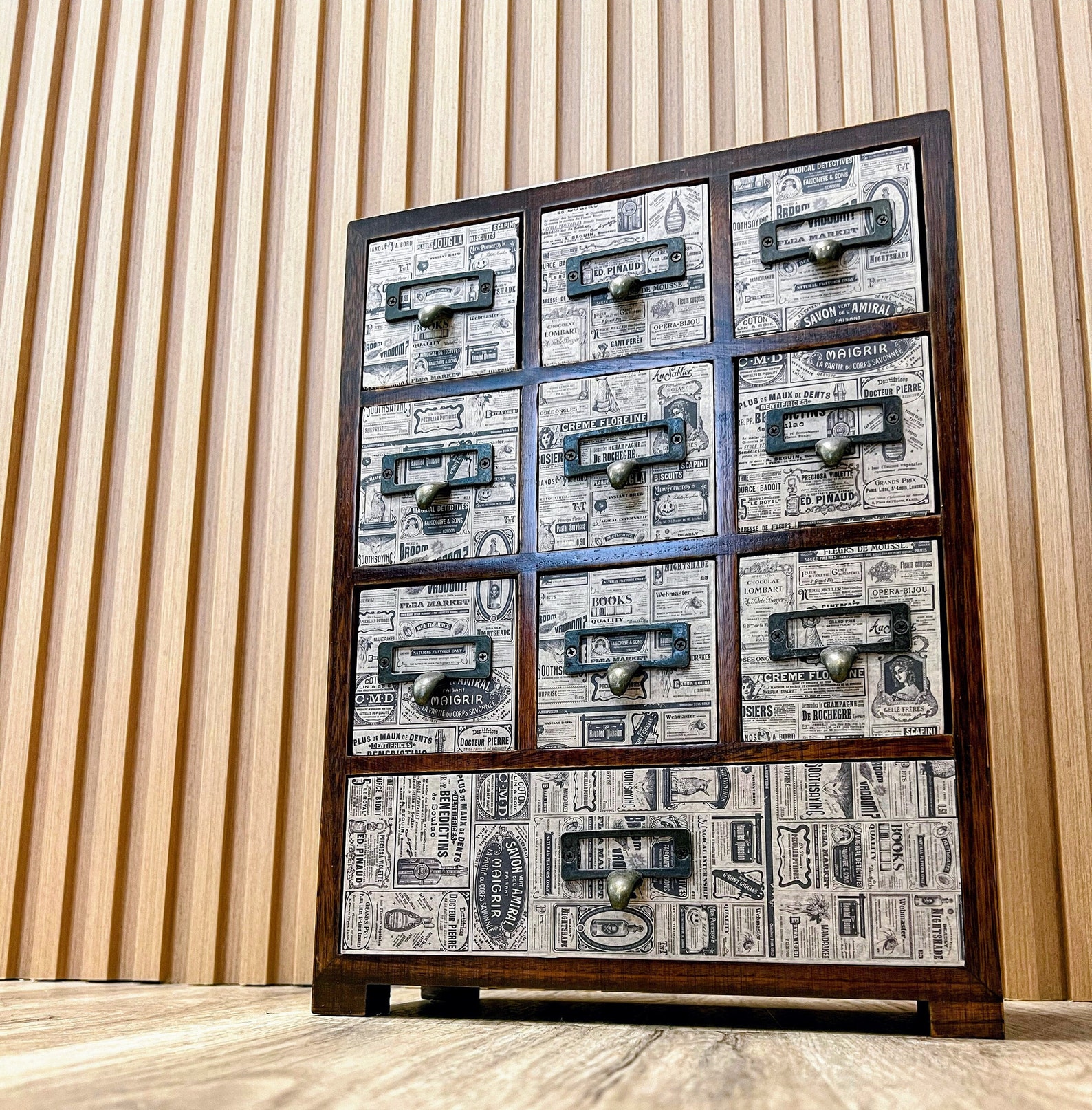 Custom Made Vintage News 10 Drawer Card Catalog Style Desktop Organizer