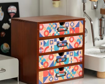 Vintage Mid Century Modern Wood Desk Organizer: 70s Colorful Geometric Desktop Storage - Retro Wood Box With Drawers