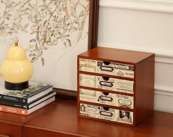 Vintage Ephemera Newsprint Custom UV Print Patten Desktop Wood Storage Box with Drawers