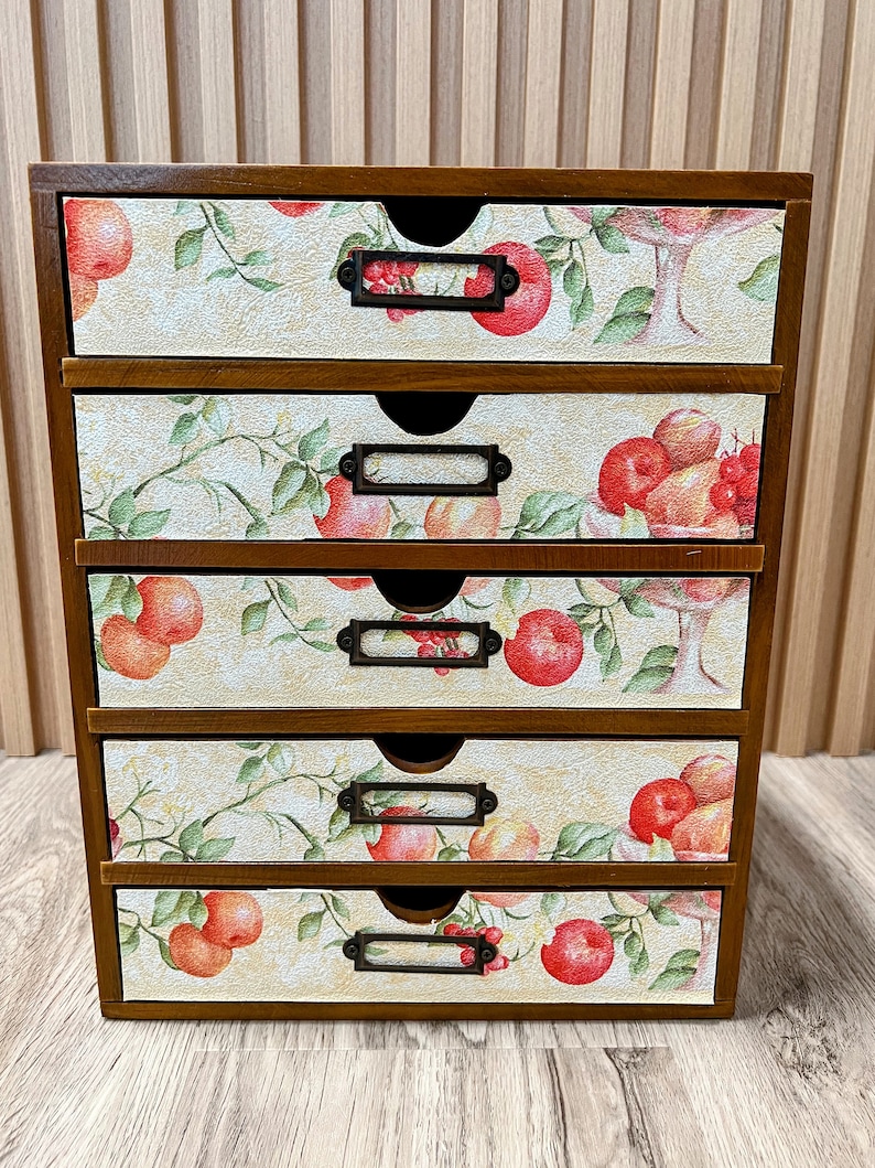 Custom Made Vintage Floral Pastel 5 Drawer Card Catalog Style Desktop