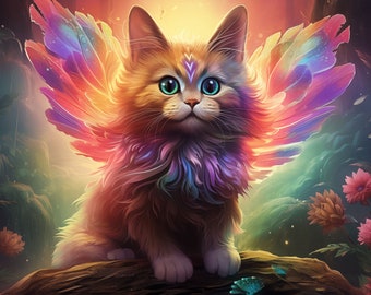 The Cat Spirit of Wonder (Portret) - een regenboogfeekat in een magisch bos van dromen