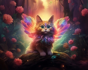 The Cat Spirit of Wonder (Landscape) - een regenboogfeekat in een magisch bos van dromen