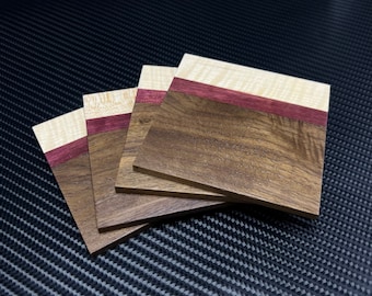 Hardwood Coasters [Set of 4] Walnut, Purple Heart, Maple, Handmade in USA.