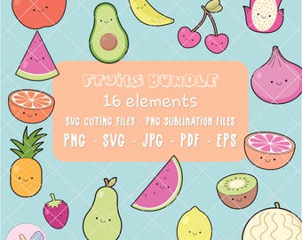 Kawaii Fruits Clipart: Cute Tropical & Berry Designs (16 PNG SVG Files)