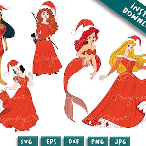 5 paquet de Noël princesse, svg cricut noël, princesse de Noël Svg, personnage de Noël, fichiers Png svg de vacances pour la sublimation de Cricut