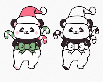 Panda wearing a Santa Hat and Candy Canes Layered and Outlined for Cricut & Sublimation