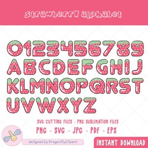 Pacchetto alfabetico di fragole PNG SVG, pacchetto creativo di monogrammi divisi in lettere dell'alfabeto - Lettere divertenti a tema frutta