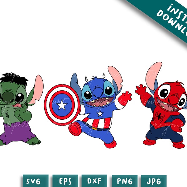 Stitch super heros squd svg,svg cricut heros kid,gift for friend, birthday Christmas Character, event craft Png Files For Cricut Sublimation