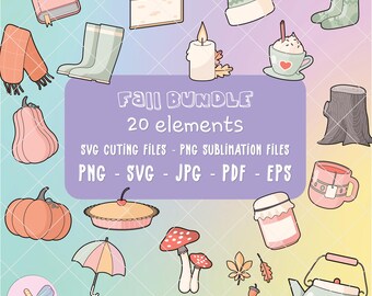 Kawaii Fall Clipart Bundle: Tea, Pumpkin, Leaves (SVG, PNG)