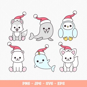 Könnte beinhalten: Eine Illustration von sechs Cartoon-Tieren mit Weihnachtsmützen. Dargestellt sind ein Wolf, eine Robbe, eine Eule, ein Eisbär, ein Narwal und ein Fuchs. Am unteren Rand steht der Text "PNG - JPG - SVG - EPS".