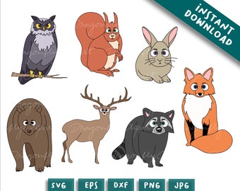 Animales del bosque SVG DXF Clipart, Animales del bosque, Oso, Ciervo, mapache, conejo, zorro, svg dxf Cortar archivos para imágenes prediseñadas de Cricut et Silhouette