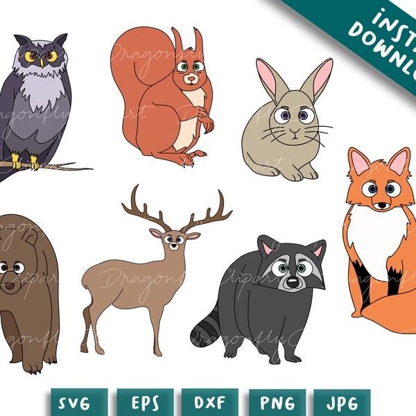 Woodland Animals SVG DXF Clipart, Forest Animals, Bear, Deer, Raccoon, Rabbit, Fox, svg dxf Cut Files for Cricut et Silhouette Clip Art